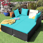 HAPPYGRILL Outdoor Rattan Daybed Patio Loveseat Sofa Set with Padded Cushion Pillows and Sturdy Aluminum Foot, Wicker Patio Furniture for Garden Porch Poolside