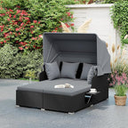 ORALNER Outdoor Daybed, 2-Person Wicker Patio Sofa with Retractable Canopy, Cushions & Pillows, 2 Side Trays, PE Rattan Double Sunbed Lounger for Deck Poolside Backyard Garden Balcony (Gray)