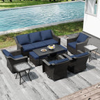 Joyside Wicker Patio Furniture Sets, 10 Pieces Upgraded Large Size Outdoor Furniture with 4 Swivel Rocking Patio Chairs, 3-Seat Sofa, Outdoor Ottoman, Thick Cushions, Wide Armrest, Blue