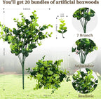 20 Bundles Artificial Greenery Boxwood Plants, Fake Plant for Garden Porch, Window Box, Home Wedding, Farmhouse, and Indoor Outdoor Decoration