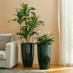 Glitzhome 23.5" H Large Tall Planter for Outdoor Plants,Set of 2 Plastic Tall Planters with Drainage Holes,Round Tapered Faux Ceramic Gradient Green Flower Tree Pots for Porch Patio Indoor Outdoor