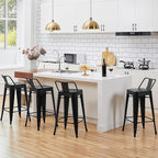 Yaheetech Bar Stools Set of 4, Metal Counter Height Chairs, 26 Inch Industrial Kitchen Stools with Backrest and Footrest for Indoor/Outdoor, Matte Black
