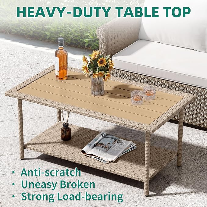 Brown Resin Wicker Patio Coffee Table with 2-Tier Storage