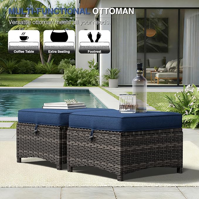 Joyside Outdoor Ottoman Set of 2, Patio Large Ottoman Foot Rest with Thickened Cushions, Outdoor Wicker Foot Stool for Porch, Deck Use