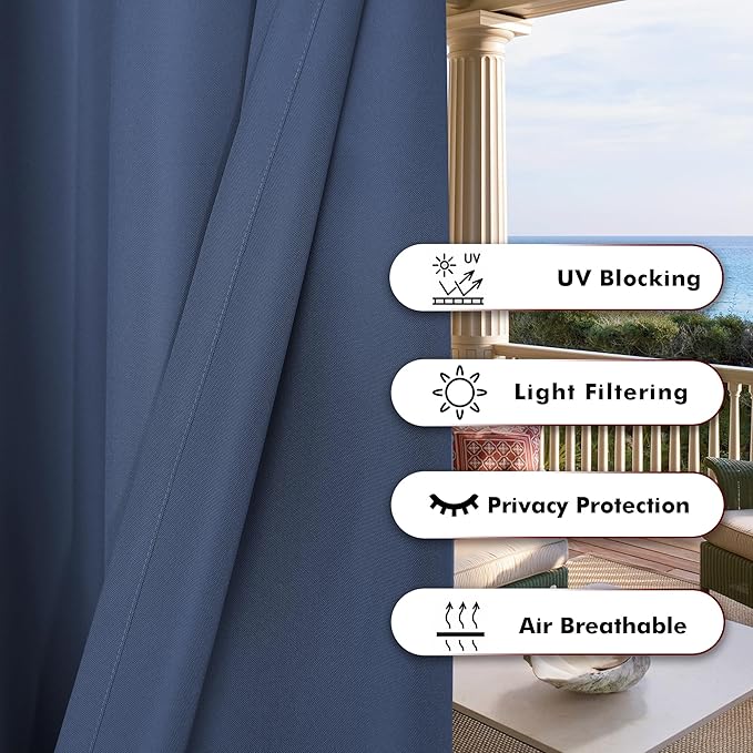 BONZER Outdoor Waterproof Curtains for Patio Privacy Grommet Light Filtering Outside Curtains for Gazebo, Porch, Pergola, Pavilion, 1 Panel, 84W x 95L inch, Navy