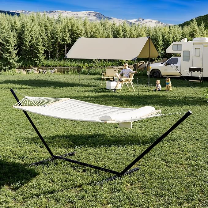 2 Person Cotton Hammock with Steel Stand and Carrying Bag, White
