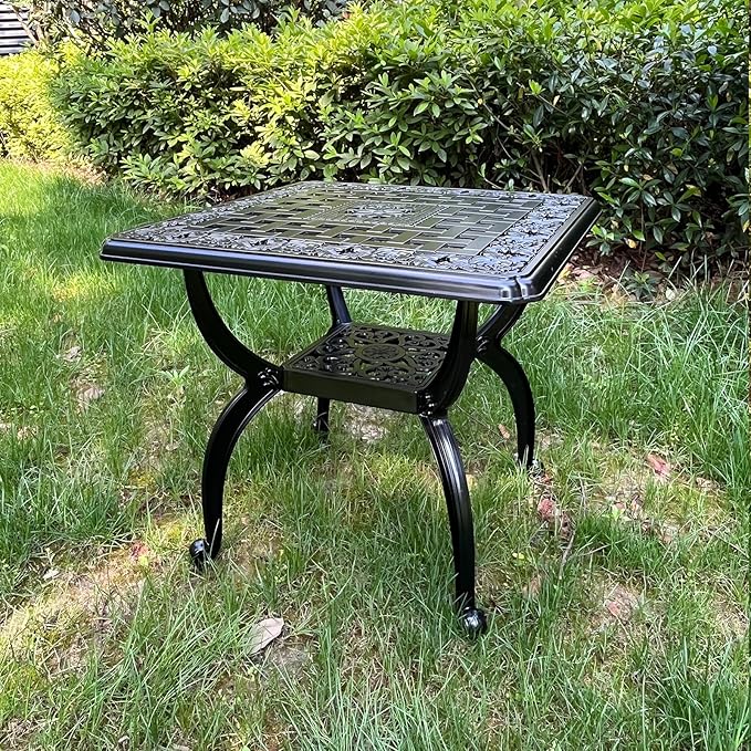 21" Cast Aluminum Outdoor Side Table,Small Patio Table,Outdoor Coffee Tables for Patio,Garden,Balcony, for All Weather (Black, Square)