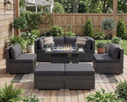 NICESOUL 29.3'' High Backrest Patio Furniture Set with Firepit Table Gas/Propane, Heavy Duty Deep Seating Outdoor Sectional Sofa Sets, 6 Seater Modern Luxury Extra Large Wicker Conversations, Gray