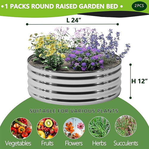 2PCS 2x2x1FT Galvanized Raised Garden Bed Kit,Vegetable Boxes-Round Metal Flower Box,Large Planter Raised Beds Outdoor Garden for Planting,Fruit,Herb-Silver