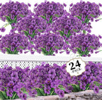 24 Purple Bundles Artificial Flowers for Outdoors/Indoors Fake Flowers Plants for Indoor Outside Garden Porch Window Box Home Wedding Farmhouse