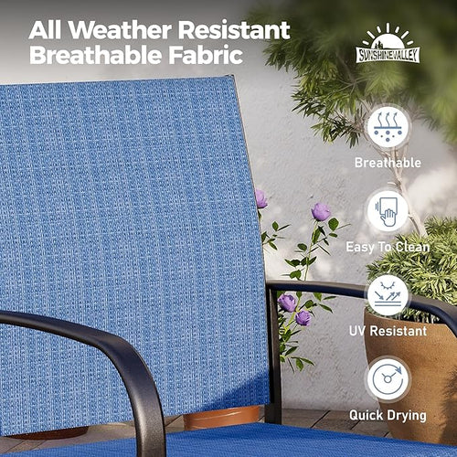 5 Piece Patio Dining Set for 4, 42" x 42" Round Metal Table with Umbrella Hole and 4 Blue Chairs, Outdoor Table and Chairs Set for Lawn Backyard and Deck