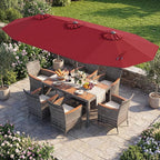 Tangkula 9 Piece Rattan Outdoor Dining Set with 13Ft Umbrella for 6, Outdoor Wicker Table Set with 6 Cushioned Armchairs, Acacia Wood Top, Outdoor Umbrella & with Base Included