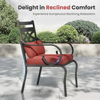 PHI VILLA 7 Pieces Outdoor Dining Set for 6, 54" Round Black Metal Table with Umbrella Hole & Wrought Iron Chairs, Large Outside Furniture with Red Cushions & Pillows for Patio, Deck, Porch