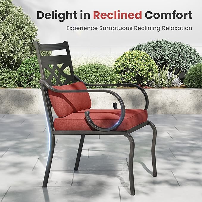 PHI VILLA 5 Pieces Outdoor Dining Set for 4, 42" Round Black Metal Table with Umbrella Hole & Wrought Iron Chairs, Large Outside Furniture with Red Cushions & Pillows for Patio, Deck, Porch