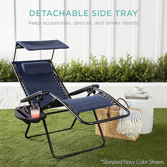 Best Choice Products 30” Wide Folding Zero Gravity Outdoor Recliner Patio Lounge Chair w/Adjustable Canopy Shade, Headrest, Side Accessory Tray - Amethyst Purple