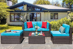 Vongrasig 5 Piece Furniture Sets, All-Weather Brown PE Wicker Outdoor Couch Sectional Small Patio Conversation Garden Sofa Set w/Ottoman, Glass Table, Blue