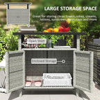 Outsunny Wicker Outdoor Storage Cabinet, Rattan Outdoor Bar Table with 2 Doors and Shelf, Outdoor Buffet Cabinet Sideboard with Metal Slatted Countertop for Poolside, Patio, Backyard, Gray