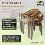 8 Pcs Stackable Patio Dining Chairs, Aluminum Rattan Outdoor Dining Chair with Arms, Woven Rope Garden Armchair Metal No Assembly for Bistro Balcony Porch Deck Yard Cafe Restaurant, Light Brown