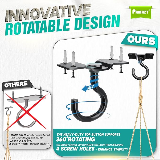 Outdoor Hanging Brackets: 8-Pack Rotatable Steel Ceiling Hooks, Black