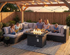 NICESOUL High-End Outdoor Patio Furniture Set with Natural Gas/Propane Firepits, 7 Piece Large Wicker Sectional Couches with Fire Table, 29.3'' High Back Deep Seating Comfy Conversation Sofas, Gray