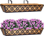 HFHOME 2 Pcs 30" Window Box Deck Railing Planter with Horse Trough Coco Liners, Black Metal Hanging Flower Planters Baskets for Indoor, Outdoor, Balcony, Porch, Fence, Patio, and Lawn