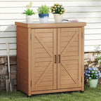 Outdoor Storage Cabinet & Potting Bench Table with Metal Top, Wooden Patio Furniture, Garden Workstation (Light Brwon, 36x31x17in)