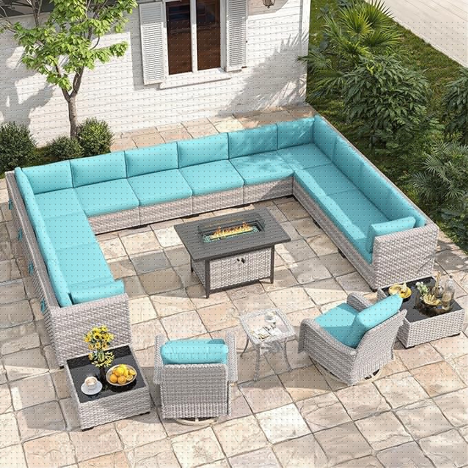 14-Seat Outdoor Wicker Patio Furniture Set with Fire Pit Table, Modular Rattan Sectional Sofa & 2 Swivel Rocking Chairs, 4" Thick Cushions, Rust-Resistant Frame,Blue