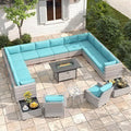 14-Seat Outdoor Wicker Patio Furniture Set with Fire Pit Table, Modular Rattan Sectional Sofa & 2 Swivel Rocking Chairs, 4" Thick Cushions, Rust-Resistant Frame,Blue