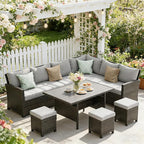Wisteria Lane 7 Piece Patio Furniture Set, High Curved Back Wicker Patio Sectional, All Weather Outdoor Dining Set, Outdoor Furniture Patio Conversation Set with Ottoman, Grey
