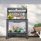 Yaheetech Potting Bench Table Outdoor Garden Potting Table Wooden Workstation w/Sliding Tabletop Removable Sink w/Storage Shelf Flower Pot Bench Mobile Garden Potting Bench Gray