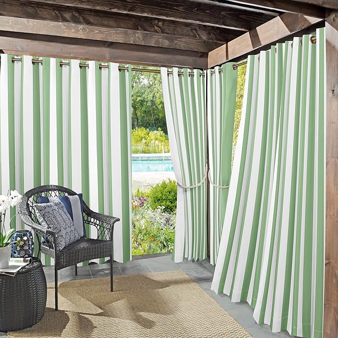 Sun Zero Valencia Cabana Stripe Indoor/Outdoor UV Protectant Energy Efficient Grommet Curtain Panel Pair, 54" x 95", Spa Green, 2-Pack
