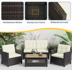 Wisteria Lane 4 Piece Patio Furniture Set, Wicker Outdoor Patio Conversation Furniture Set, All Weather Outdoor Patio Sofa with Cushion and Wood Table, Beige Wood