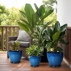 Ceramic Planters for Indoor Plants - 6.3 Inch Plant Pot with Drainage Hole and Saucer Round Modern Planter Home Garden Patio Decor Blue