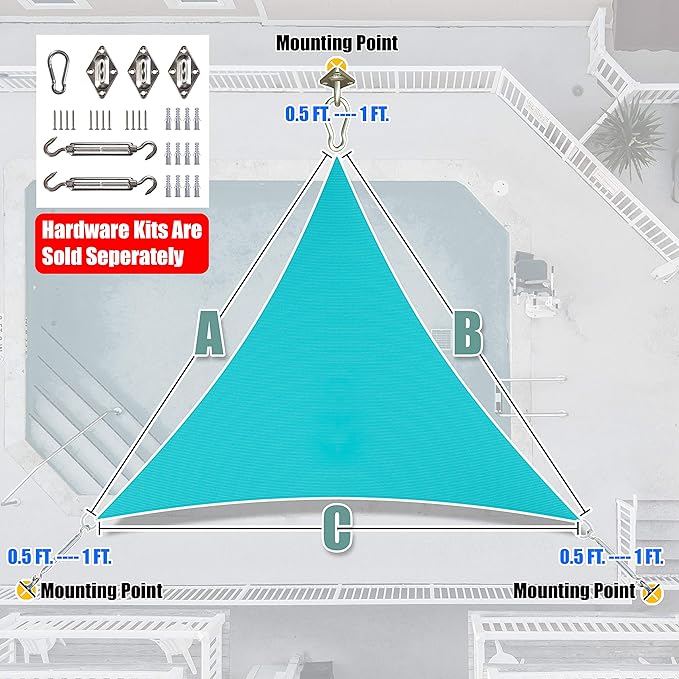 Amgo 24' x 24' x 24' Turquoise Triangle Sun Shade Sail Outdoor Canopy Awning UPF50+ AGTAPRT12, 95% UV Blockage, Water & Air Permeable, Commercial Standard Heavy Duty (We Make Custom Size)