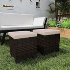 Outsunny 2 Pieces Outdoor Patio Ottomans, All Weather Wicker Outdoor Footstools with Removable Cushions, 3-in-1 PE Rattan Ottoman Seat, Footrest and Side Table for Backyard, Poolside, Cream White