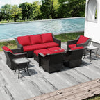 Joyside Wicker Patio Furniture Sets, 9 Pieces Upgraded Large Size Outdoor Furniture with 4 Swivel Rocking Patio Chairs, 3-Seat Sofa, Outdoor Ottoman, Thick Cushions, Wide Armrest, Red