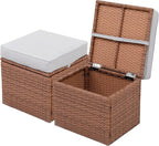 Premium Elegant Gray/Tawny 16.5" 2-Piece w/ 3" Fade-Proof Cushion, All-Weather Wicker Indoor/Outdoor Ottomans, PE Rattan Side Table & Footstools, Footrest, Ideal for Patio.