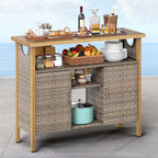 DWVO XL Patio Storage Cabinet, Wicker Outdoor Bar Table with Wood Top,Adjustable Shelves, Patio Sideboard for Outdoor Buffet,Yard, Garden, Kitchen (Brown)