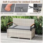 RELAX4LIFE Wicker Outdoor Storage Bench, Rattan Deck Box w/Protective Liner for Patio Furniture Pillows & Garden Tools, Porch Loveseat with Seat Cushion, Acacia Wood Armrests (Grey)