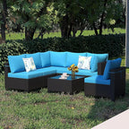 Outdoor Wicker Patio Furniture Set, Rattan Sectional Sofa Set with Thick Cushions (Coffee/Peacock Blue, 7 Piece Sofa Set)