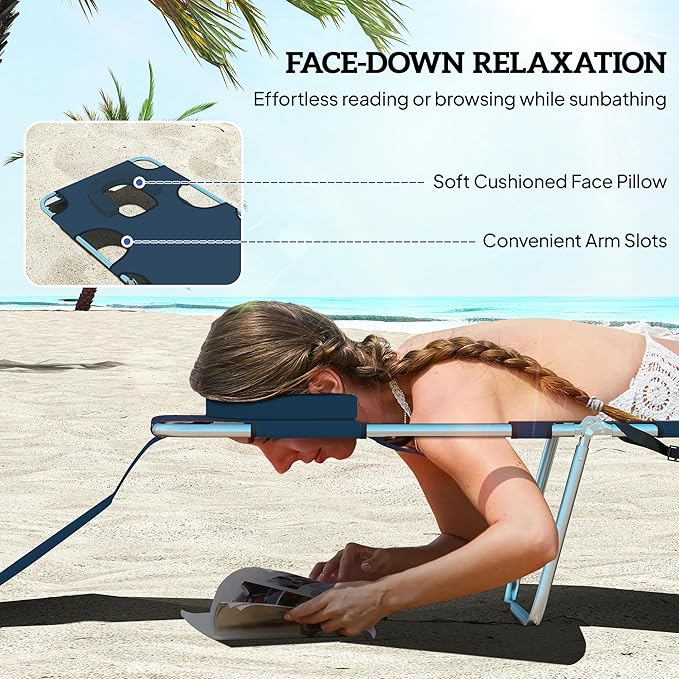Outsunny Chaise Lounge Chair Outdoor with Face Arm Hole, 5-Position Reclining Face Down Tanning Chair with Carry Strap, Side Pocket, Portable Folding Bed Cot for Patio Beach Pool, Dark Blue