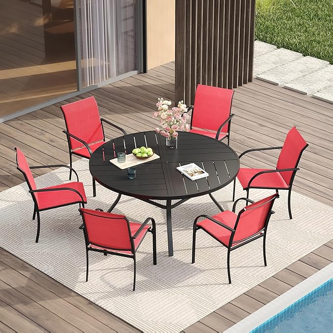 VICLLAX Patio Table and Chair Set of 6, All Weather Metal Round Outdoor Dining Furniture Set-47 Round Outdoor Table and Chairs, Black Tabletop