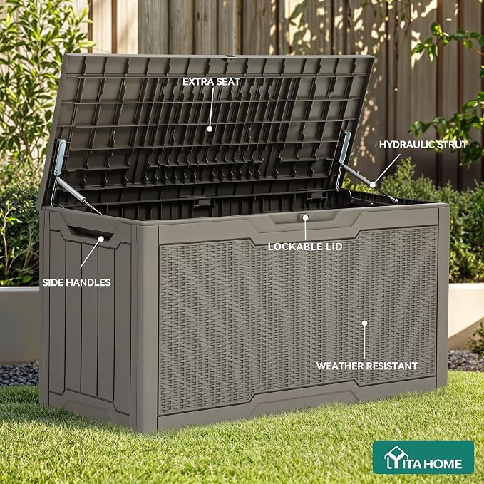 Deck Box 80 Gallon Taupe Resin Outdoor Storage, Lockable