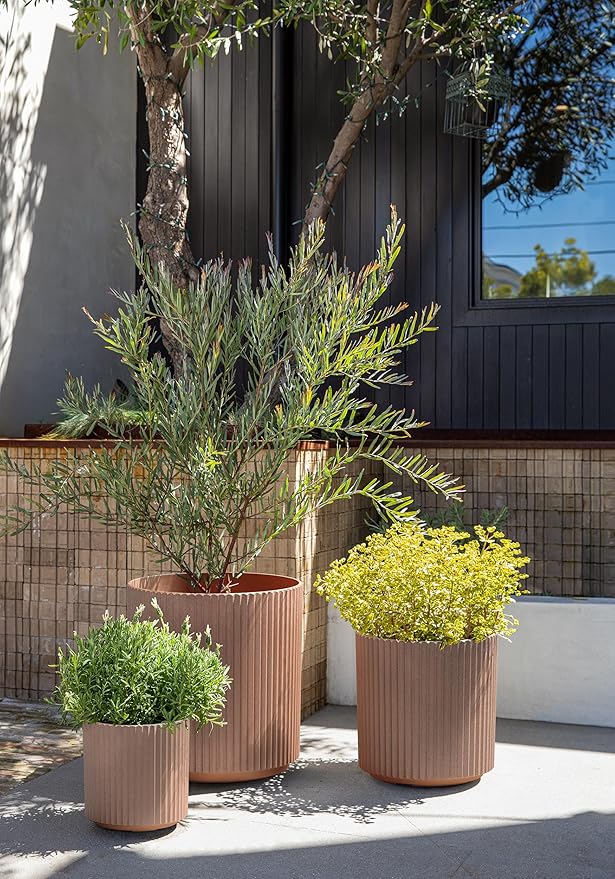 Veradek Demi Series Set of 3 Round Planters for Porch, Patio, Backyard | Durable Plastic-Stone Composite Material | Modern Décor for Tall Plants, Flowers