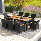 Tangkula 9 Pieces Rattan Outdoor Dining Set for 8, Outdoor Acacia Wood Table Set with 8 Cushioned Wicker Chairs, Umbrella Hole, Patio Dining Furniture Set for Deck Pool Backyard