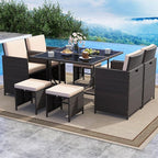 Tangkula 9 Piece Patio Dining Set, Rattan Chairs with Tempered Glass Table & Ottoman, Space Saving Wicker Sectional Conversation Set with Removable Cushions, Outdoor Furniture for Backyard Garden Deck