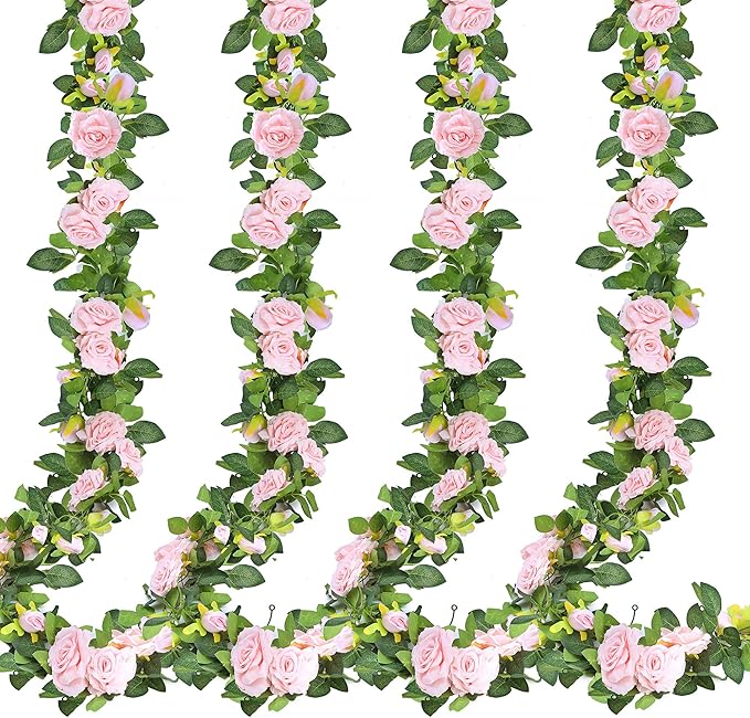 Artificial Plants Greenery Pink Silk Rose Vine Garland, 4 Pack, 7.75 Ft Each