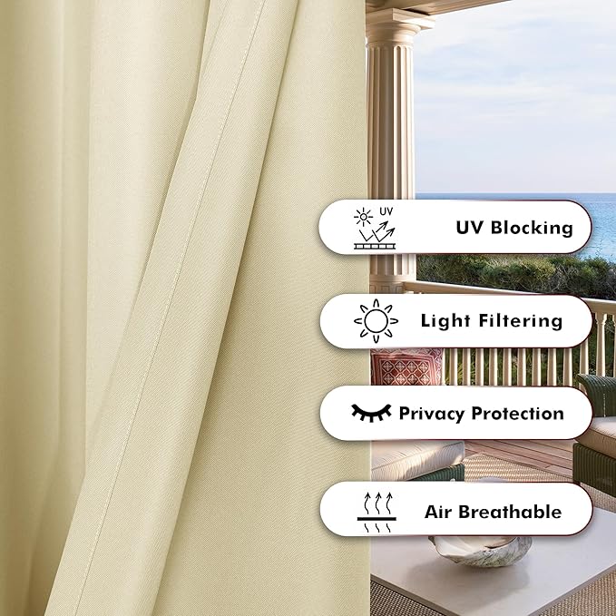 BONZER Outdoor Curtains for Patio Water Resistant Heavy Privacy Light Filtering Grommet Outside Curtains for Porch, Pergola, Gazebo, 1 Panel, 54W x 95L inch, Cream
