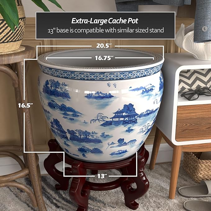 Red Lantern 20" Porcelain Fishbowl Blue & White Landscape Planter