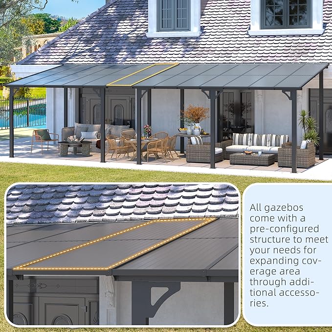 AECOJOY 16' x 12' Gazebo Outdoor Pergola for Patio, 12x16 Large Wall-Mounted Hard Top Lean to Metal Gazebo Shelter Pergolas and Gazebos Clearance with Patio Roof, Heavy Duty Awnings for Decks